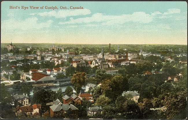 Bird's eye view of <a href="/cityofguelph/">City of Guelph</a>, 1910 via <a href="/torontolibrary/">Toronto Public Library</a>. Looking across Speed River towards <a href="/DowntownGuelph/">Downtown Guelph</a>.