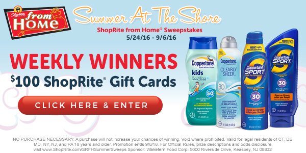 ShopRiteStores's tweet image. RT if you love summer &amp;amp; enter for a chance to WIN a $100 ShopRite Gift Card from Coppertone: bit.ly/srfh2