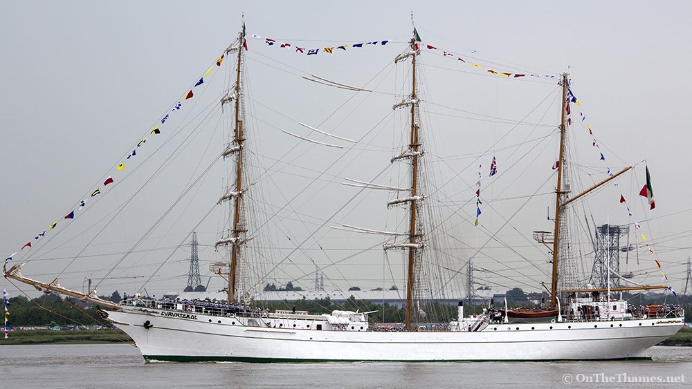 Mexican sail training ship ARM Cuauhtémoc seen passing Greenhithe this afternoon