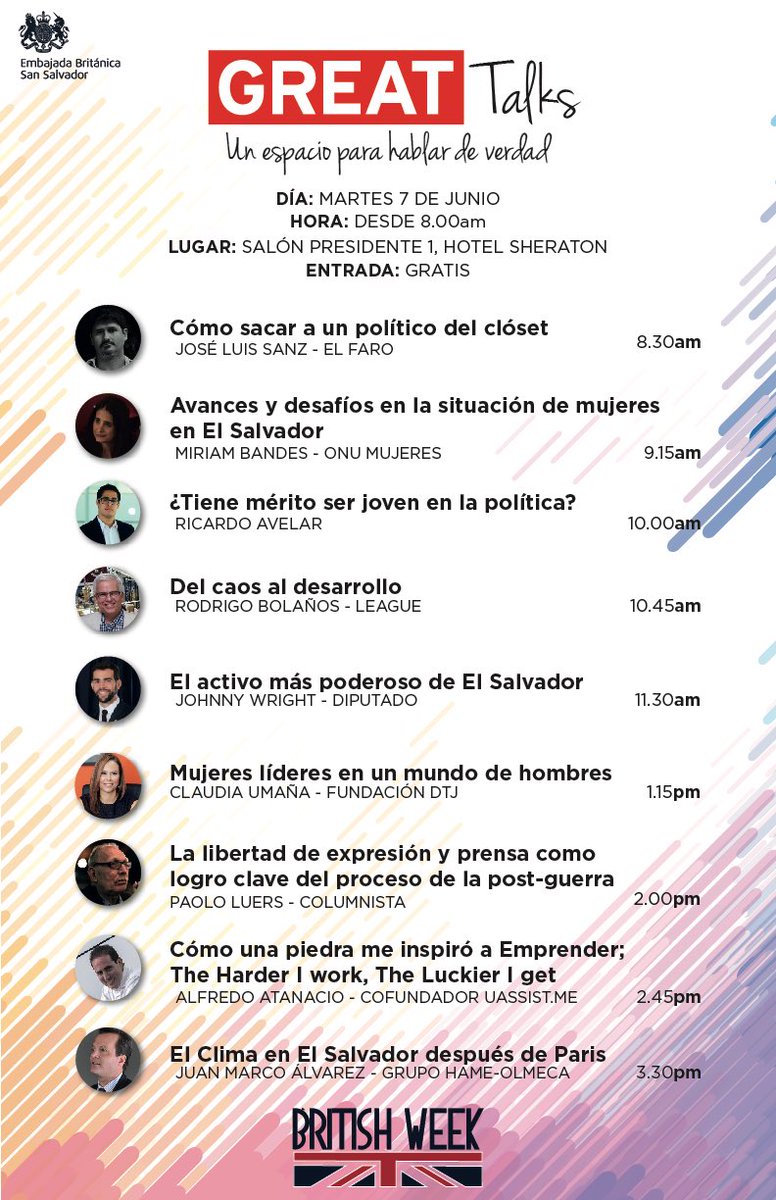 UKinElSalvador's tweet photo. Estamos listos para nuestro #GreatTalks! Los esperamos desde las 8am! #BritishWeek2016 https://t.co/BJdIOaIDTA