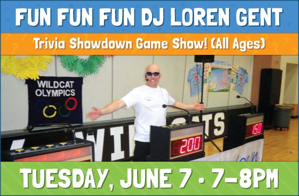ChicagoRidgeLib's tweet image. Join us at 7pm for Fun Fun Fun DJ Loren Gent&apos;s Trivia Showdown Game Show for All Ages! goo.gl/HFFOwq