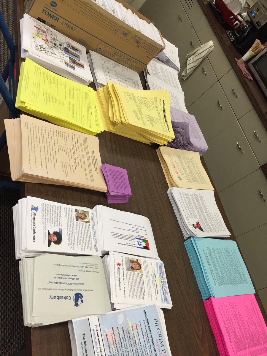 uccmn's tweet photo. A table full of paper for Annual Meeting 2016 packets! #uccmn16 https://t.co/LJ77THVUCy