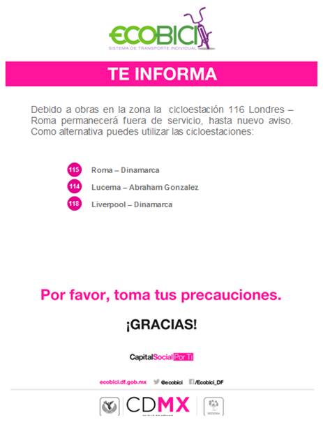 ecobici's tweet photo. #Aviso Debido a obras en la zona, la  CE 116 Londres – Roma permanecerá fuera de servicio. Toma tus precauciones. https://t.co/DBbCkMQSd4