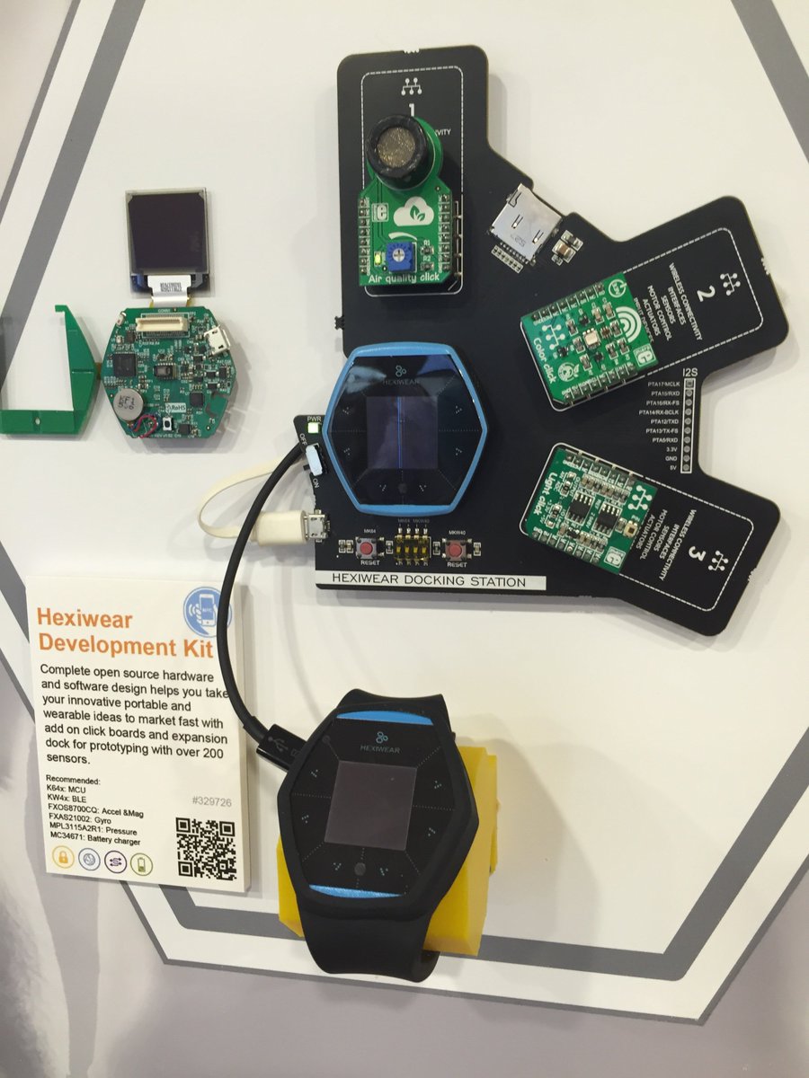 Arm's tweet photo. #Hexiwear development kit featured in @NXP #drivingIOT truck at #53DAC - NXP Kinetis MCU w/ #ARM #Cortex-M4. https://t.co/jKADGcL5Ib