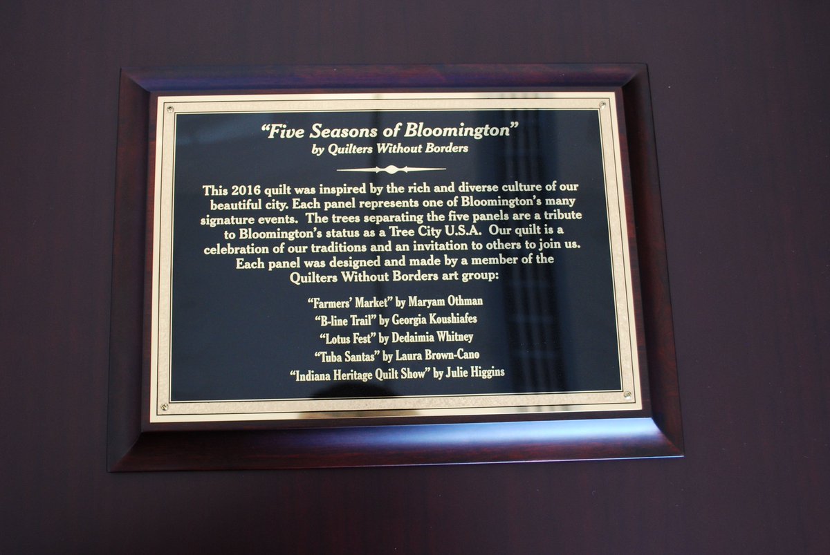 citybloomington's tweet image. Quilters Without Borders delivered this stunning quilt highlighting iconic images of Bloomington to Mayor Hamilton.