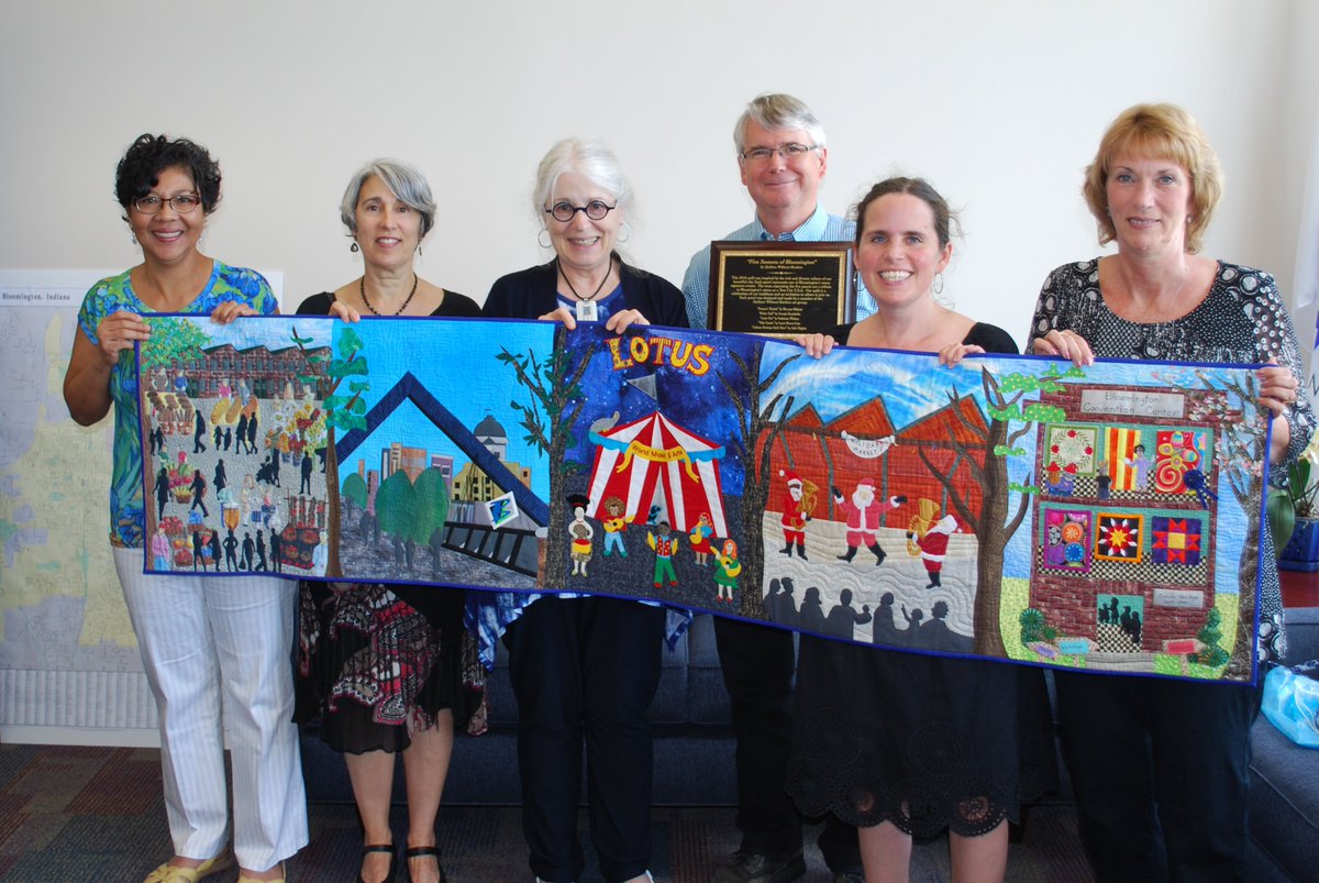 citybloomington's tweet image. Quilters Without Borders delivered this stunning quilt highlighting iconic images of Bloomington to Mayor Hamilton.