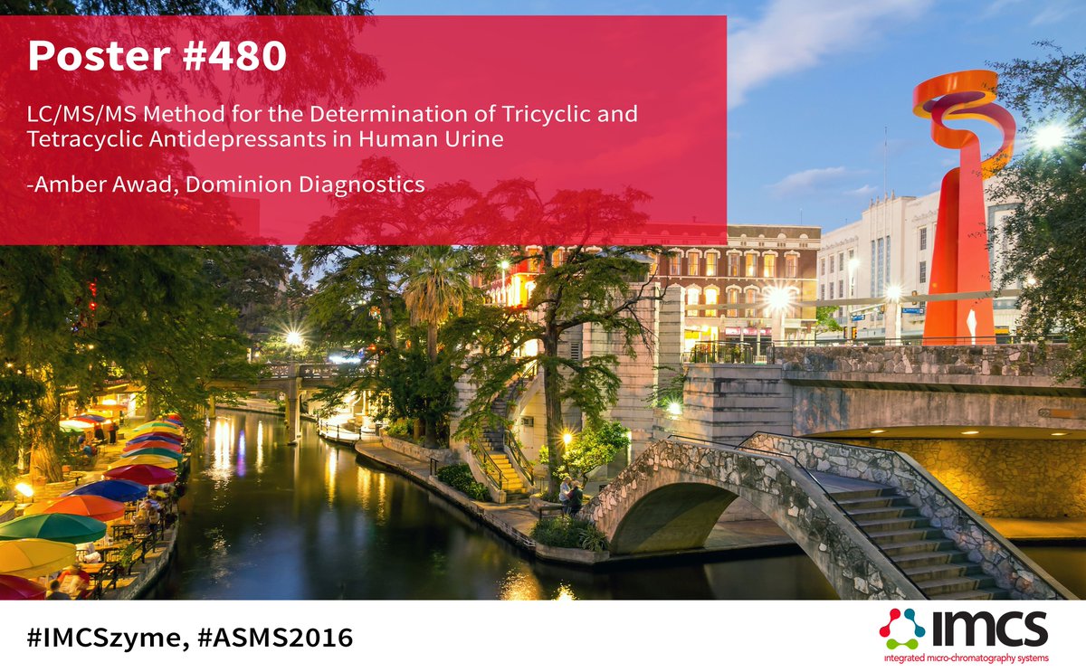 IMCS_biotech's tweet photo. Don't miss Poster 480 today on LC/MS/MS method for determination of antidepressants in urine #imcszyme #ASMS2016 https://t.co/heODoHDuel