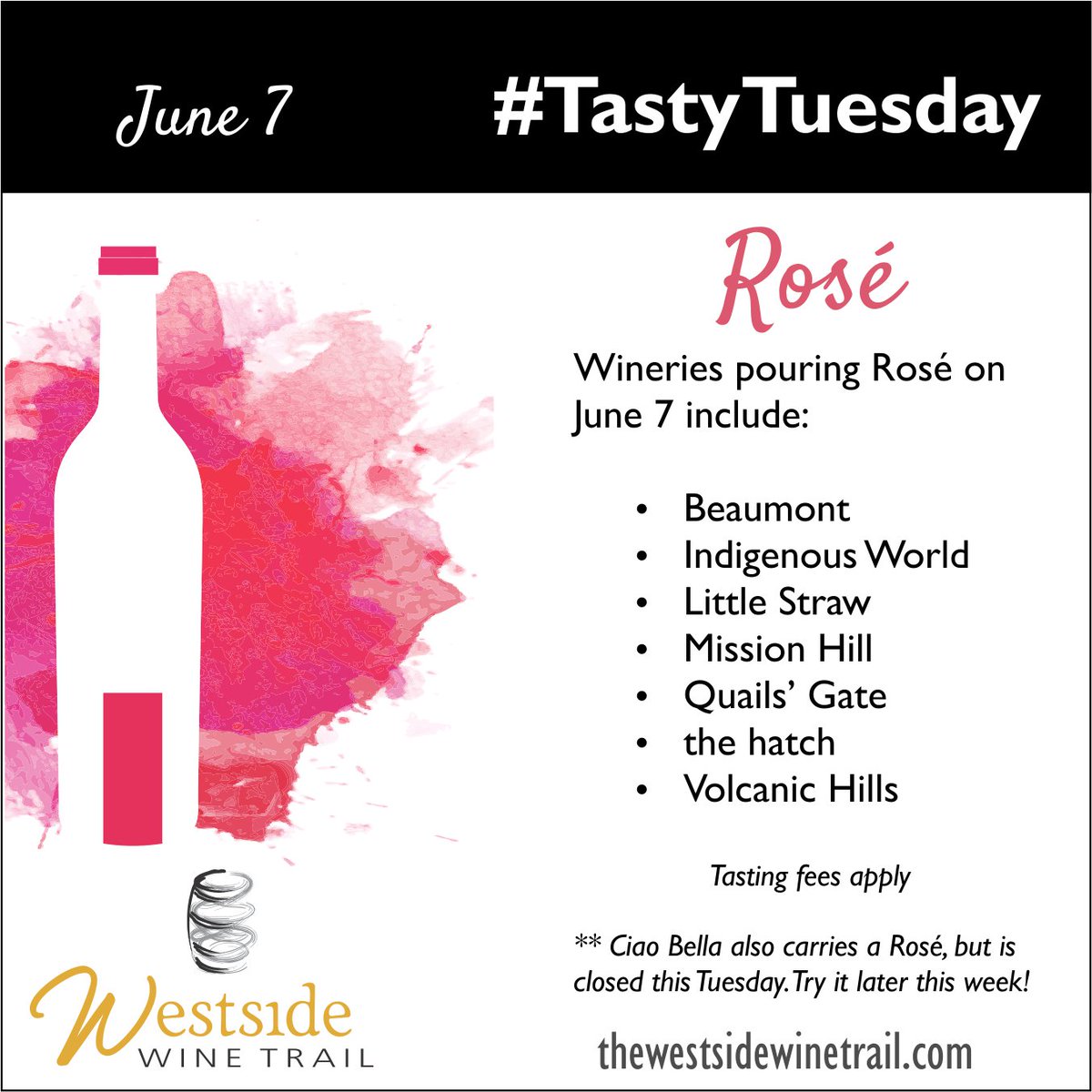 Rosé is the #TastyTuesday featured #BCWine with several Wine Trail wineries pouring today.thewestsidewinetrail.com/event/tastytue…
