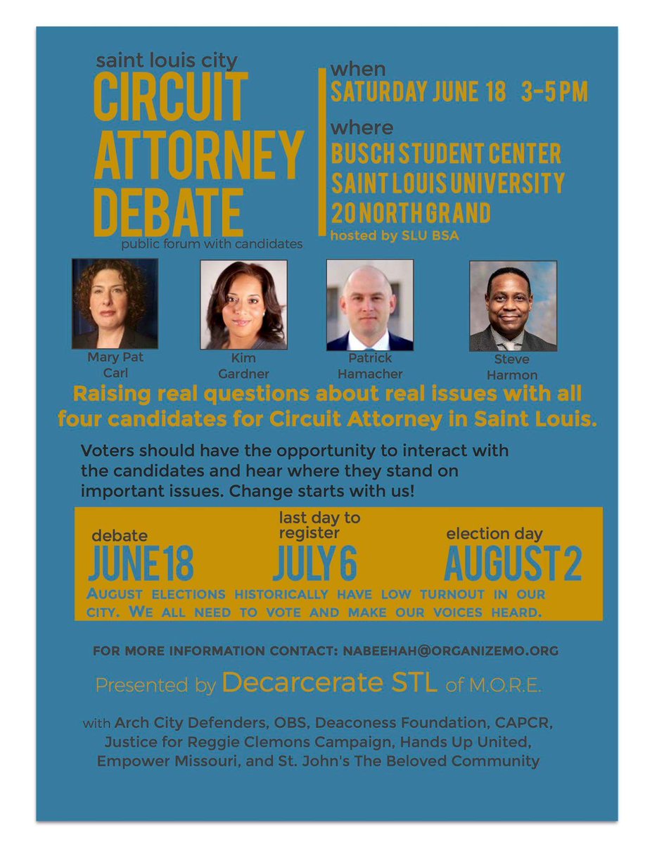 deaconessfound's tweet photo. If you’re determined 2 be an educated voter, join us @ the CA Debate on 6/18 from 3-5pm #DecarcerateSTL #Advocacy365 https://t.co/yvjD6IrBAM