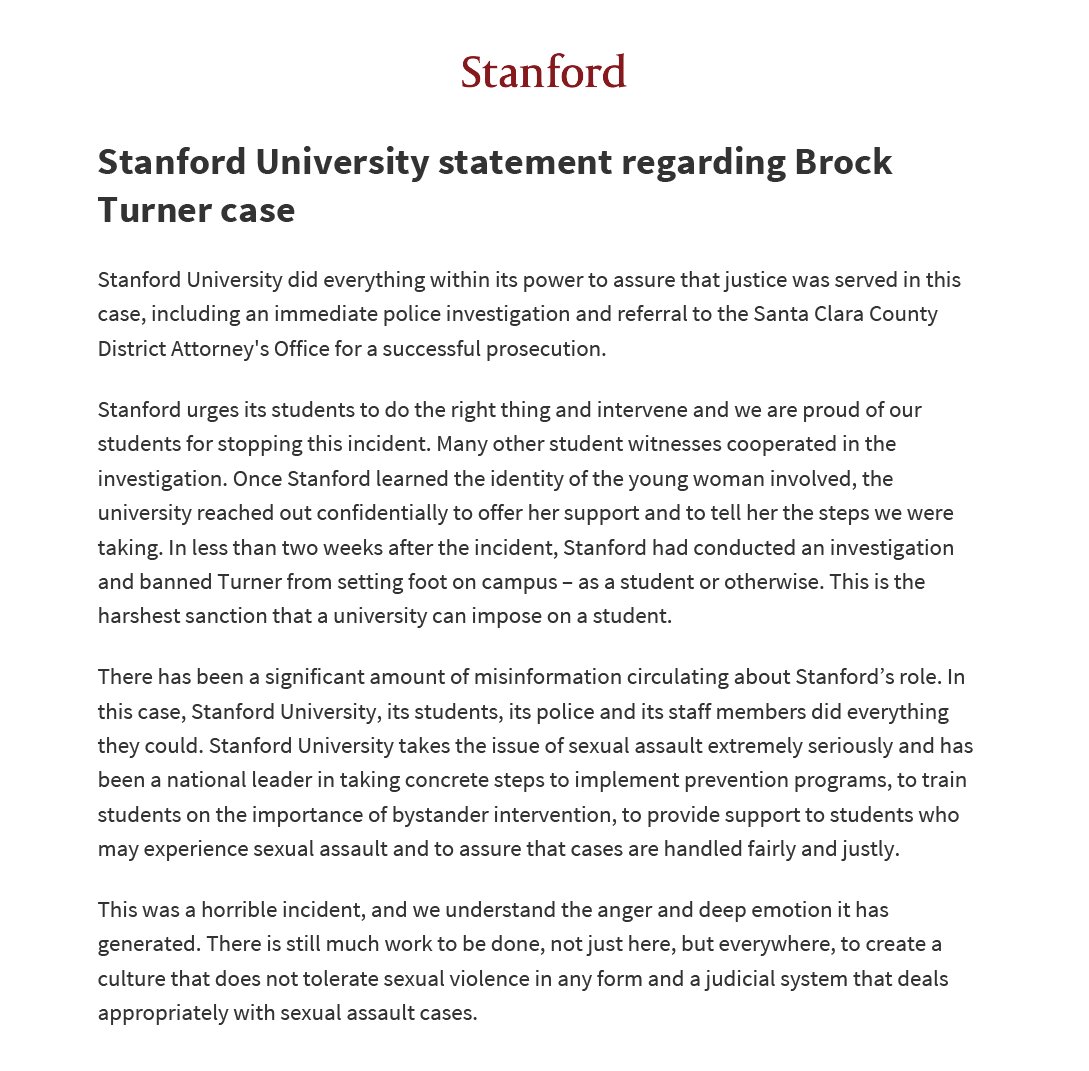 University statement regarding the Brock Turner case:  https://t.co/E8VxoMSBP5