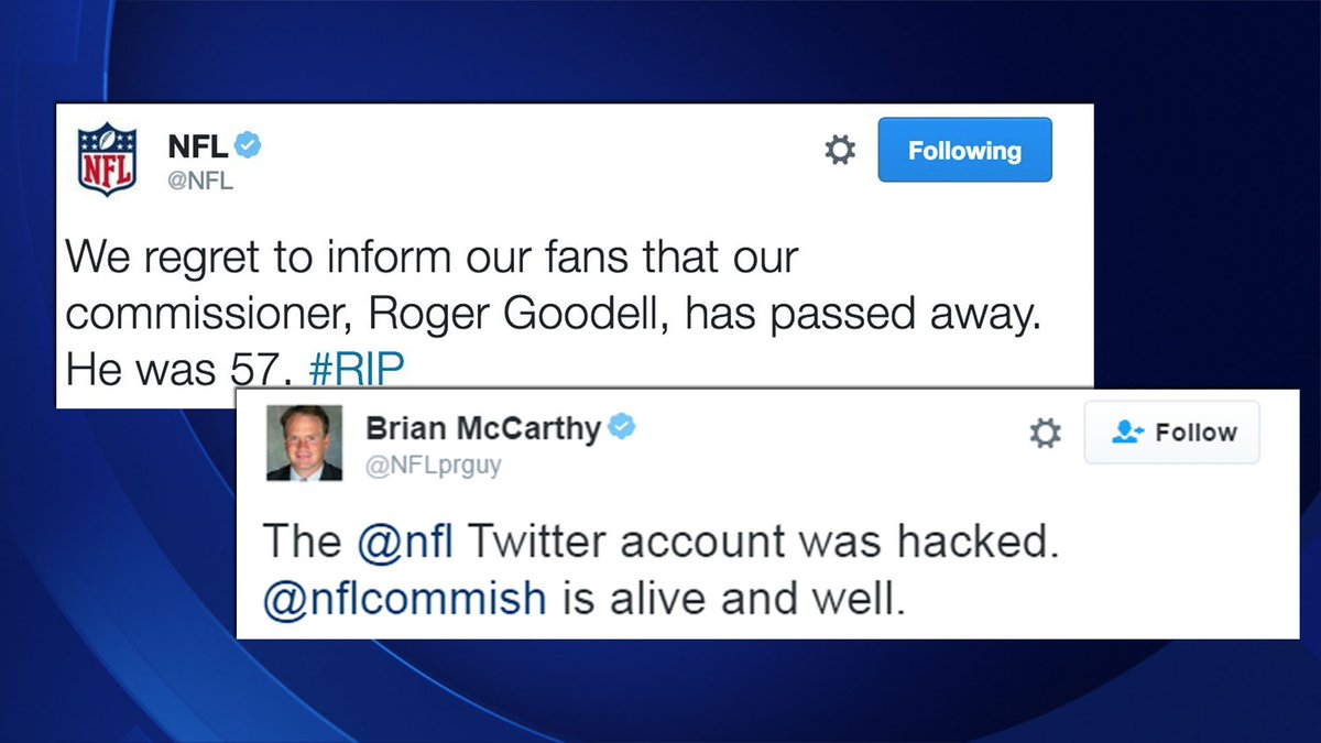 .<a href="/NFL/">NFL</a> Twitter account hacked, announces Goodell death cbsloc.al/1UDC5ly?cid=tw…