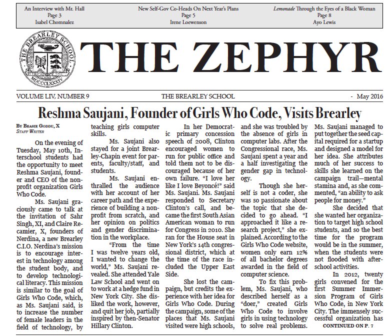 GirlsWhoCode's tweet image. Check out #TheZephyr&apos;s piece on @reshmasaujani&apos;s visit to @BrearleyNYC! These girls are amazing!