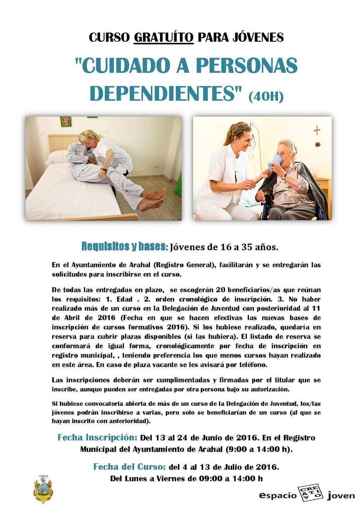 ArahalTN's tweet photo. Curso gratuito para jóvenes CIUDADO A PERSONAS DEPENDIENTES. Inscripciones del 13 al 24 junio en Ayuntamiento Arahal https://t.co/OXZY63W0Os
