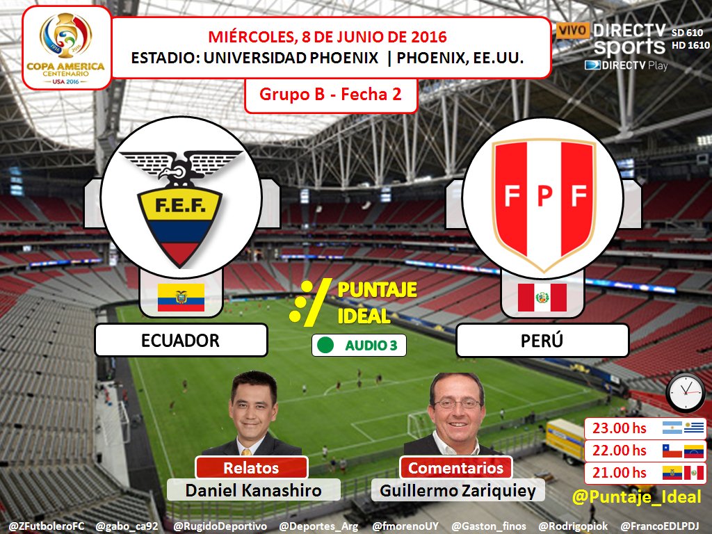 Puntaje_Ideal's tweet photo. #CopaAmericaDIRECTV | #Ecuador vs. #Peru
Rel: @danykanashiro | Com: "Chicho" Zariquiey
#Audio3
Dale RT https://t.co/bbsHQGKia6