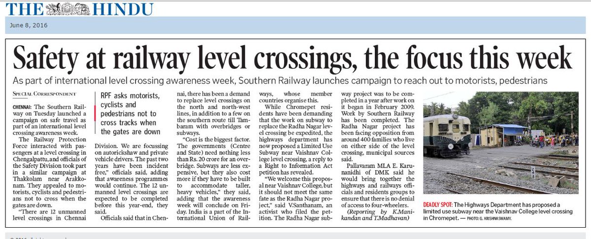 RailMinIndia's tweet photo. Southern Railway launches campaign to improve safety at railway level crossings. https://t.co/oIoiSIhhAt