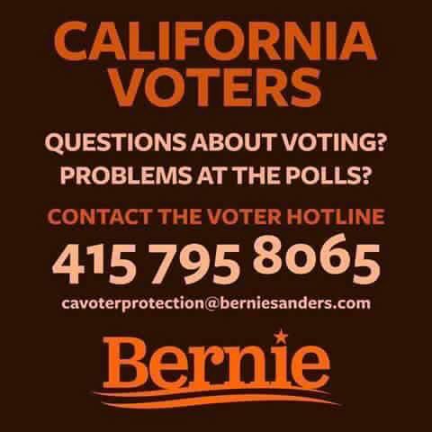 247BernieNews's tweet photo. If any @BernieSanders supports have problems voting in the #CaliforniaPrimary here in the voter hotline, please RT https://t.co/hIB9coTKoA