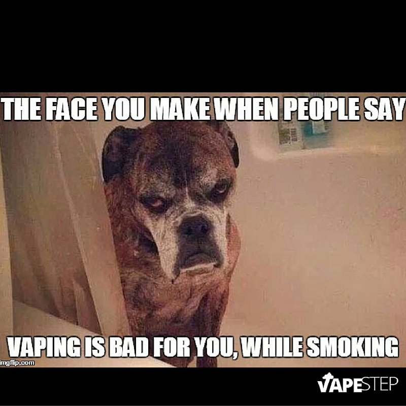 VapeStep's tweet photo. The face you make when people say #vaping is bad for you--while smoking. LOL #vapememes #vapers #vape #vapestep https://t.co/SrY4DfM4zn