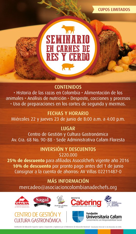 Asocolchefs's tweet photo. Superinvitados al próximo curso de carnes que dictará la Asociación Colombiana de Chefs. Próximo Junio 22 y 23 https://t.co/P4aHwIzDGF