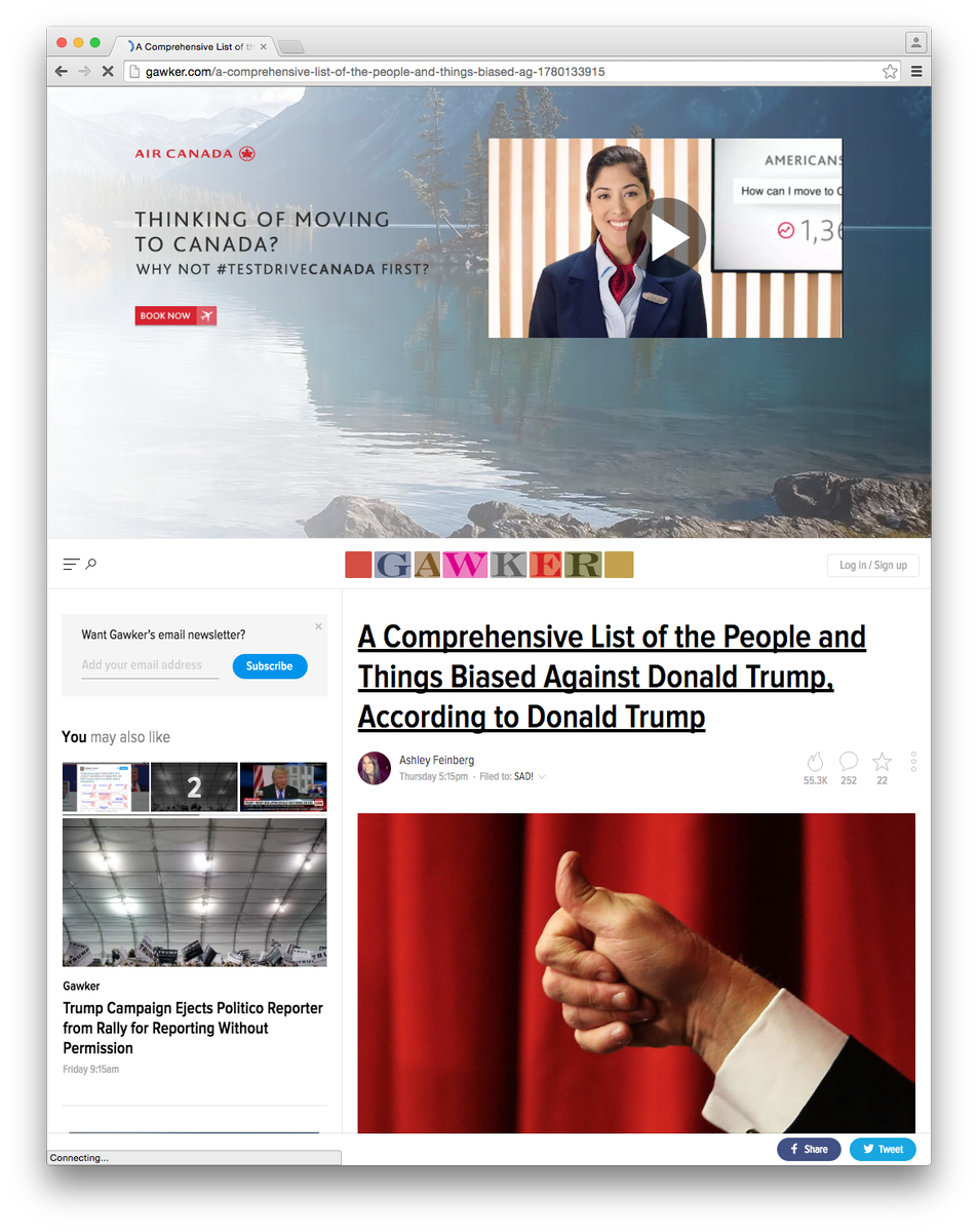 DesignAware's tweet image. Clever ad placement from @AirCanada on @Gawker this afternoon.