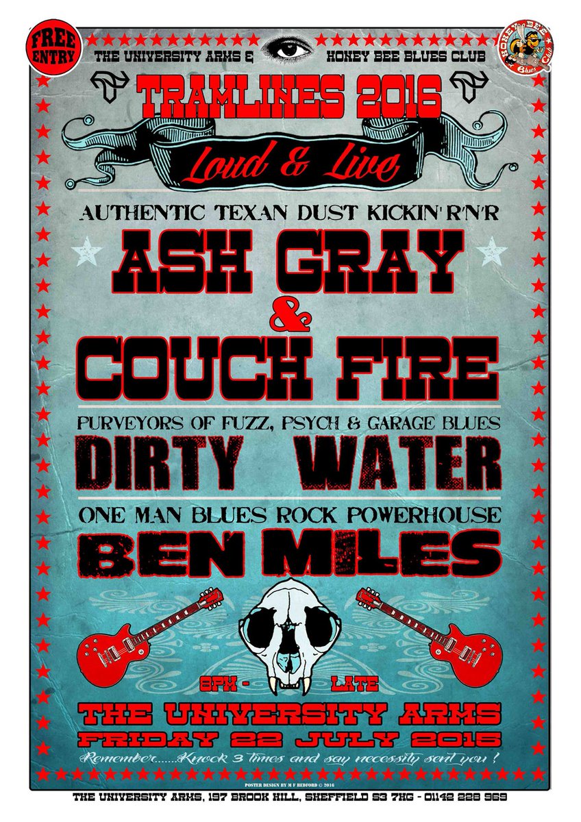 Playing ROCK with Texan bandmates! facebook.com/AshGrayAndCouc…  <a href="/tramlines/">Tramlines Festival</a>   <a href="/HoneyBeeBlues01/">Honey Bee Blues Club</a> July 22,23,24 #iloves