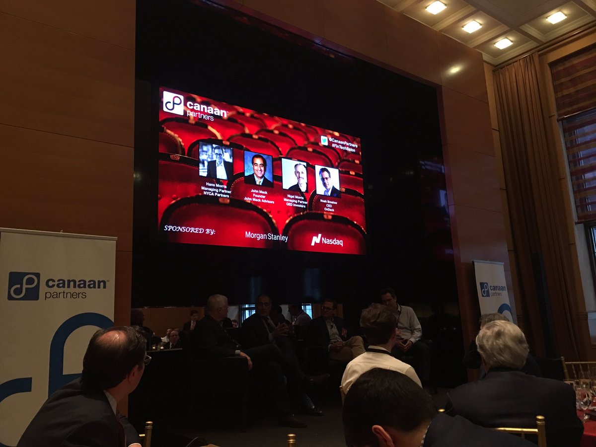MBGilroy's tweet photo. Dan Ciporin, John Mack, Hans Morris and Noah Breslow at the @canaanpartners #FinTechSalon https://t.co/BjlelS1yoS