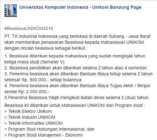 Informasi Beasiswa PT. TK Industrial Indonesia U/ mhs UNIKOM di bit.ly/1Uob5nv <a href="/event_unikom/">Event Unikom</a> <a href="/kpm_unikom/">KPM UNIKOM</a>