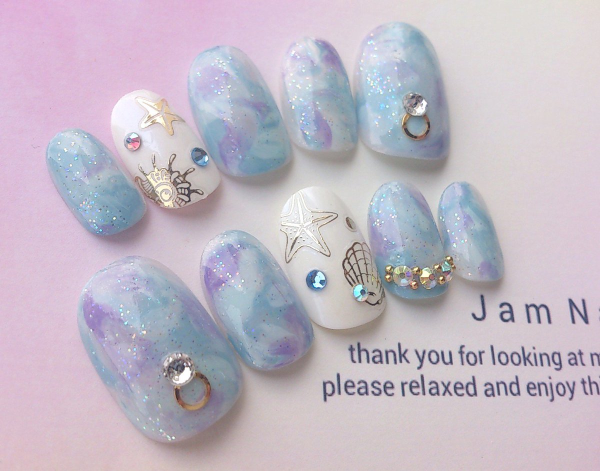 Jam Nail в Twitter 夏にオススメ海の色ブルーのマーブルとシェル