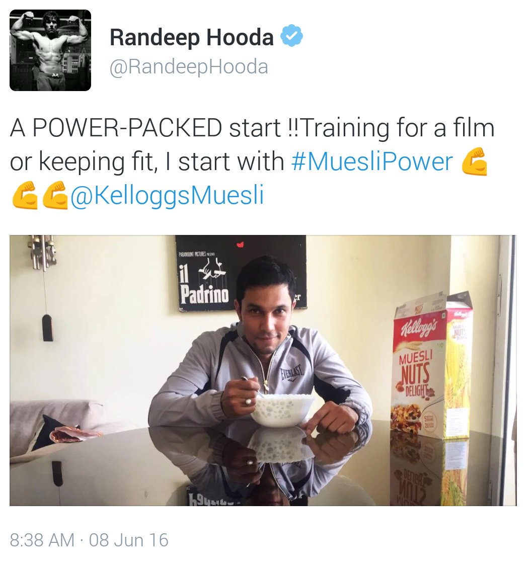 Now that’s how <a href="/RandeepHooda/">Randeep Hooda</a> kick-starts his day, with #MuesliPower! :)
