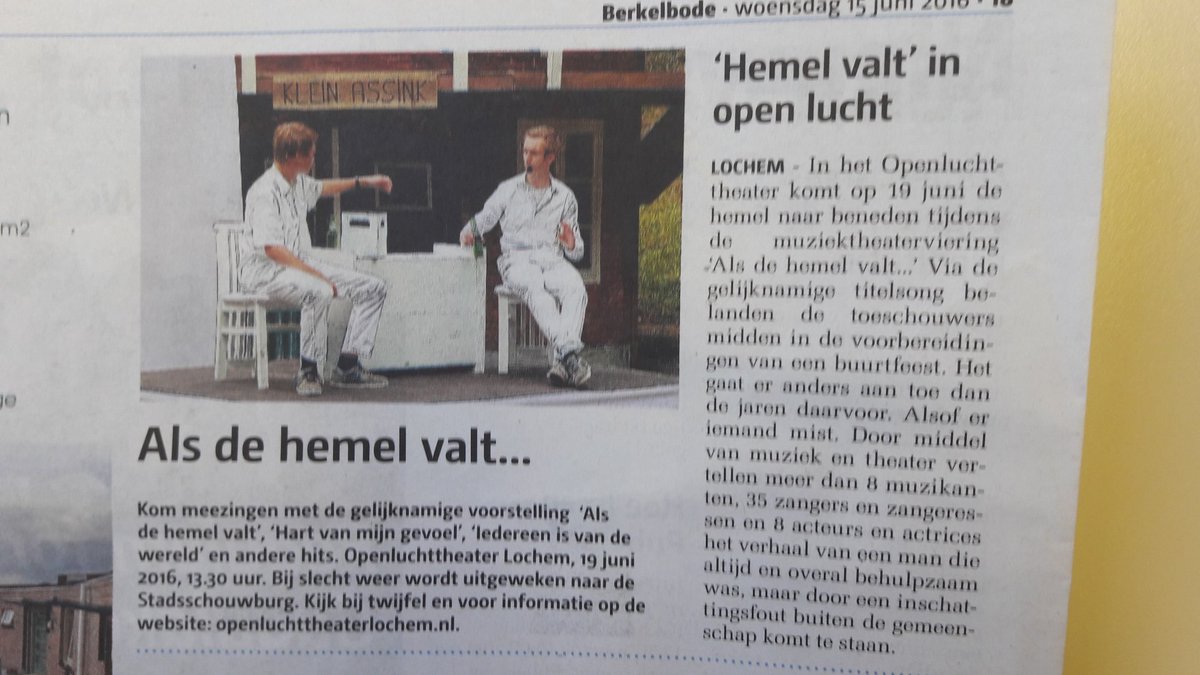 Artikel in Berkelbode over: 'Als de hemel valt....' 
a.s. zondag 19 juni 13.30 uur Open Lucht Theater Lochem!