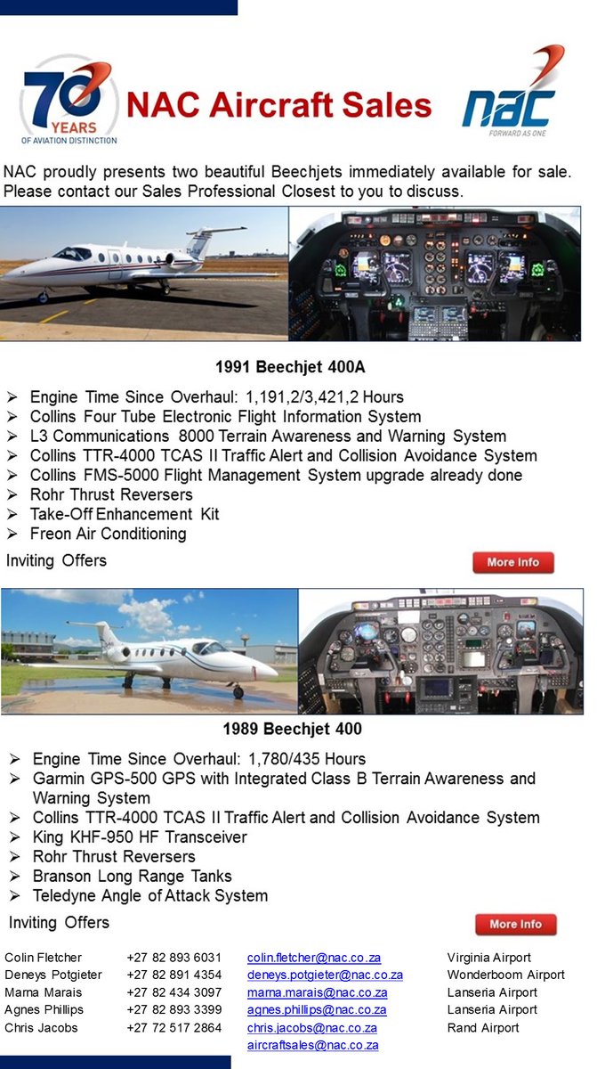Call us +27 11 267 5000 or e-mail aircraftsales@nac.co.za for more information on these two beautiful jets!