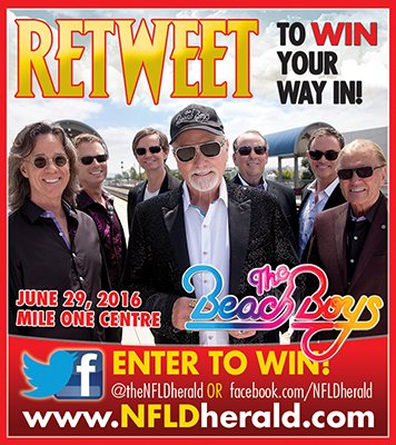 TheNfldHerald's tweet photo. Last day to RT2WIN tickets to the amazing @TheBeachBoys at @MileOne_Centre! #HeraldContests https://t.co/8D493dzLpC