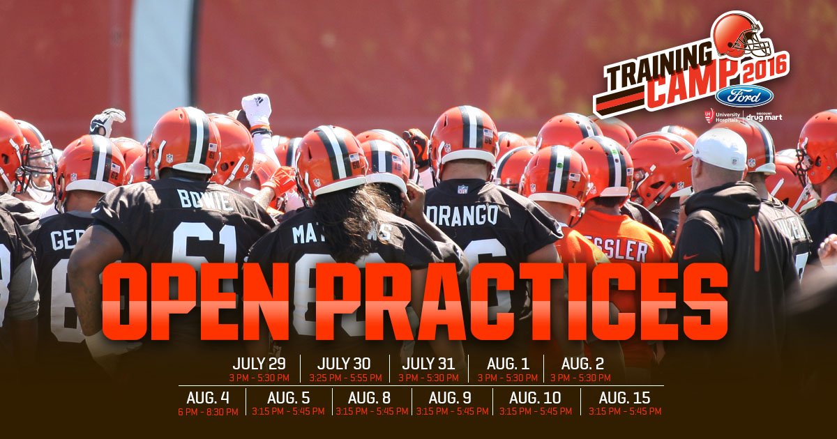 Browns's tweet photo. Training camp will feature 11 free public practices  in Berea, beginning July 29. More info: https://t.co/HnhagIaY3c https://t.co/1aEmn04TSS