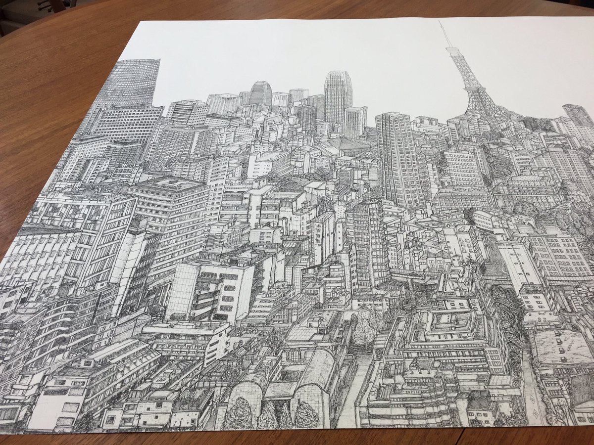 Aju 制作途中 ついに 東京の街だと分かってきました いよいよ ラストスパートです 制作途中 Mystaedtler 東京タワー ペン画 細密画