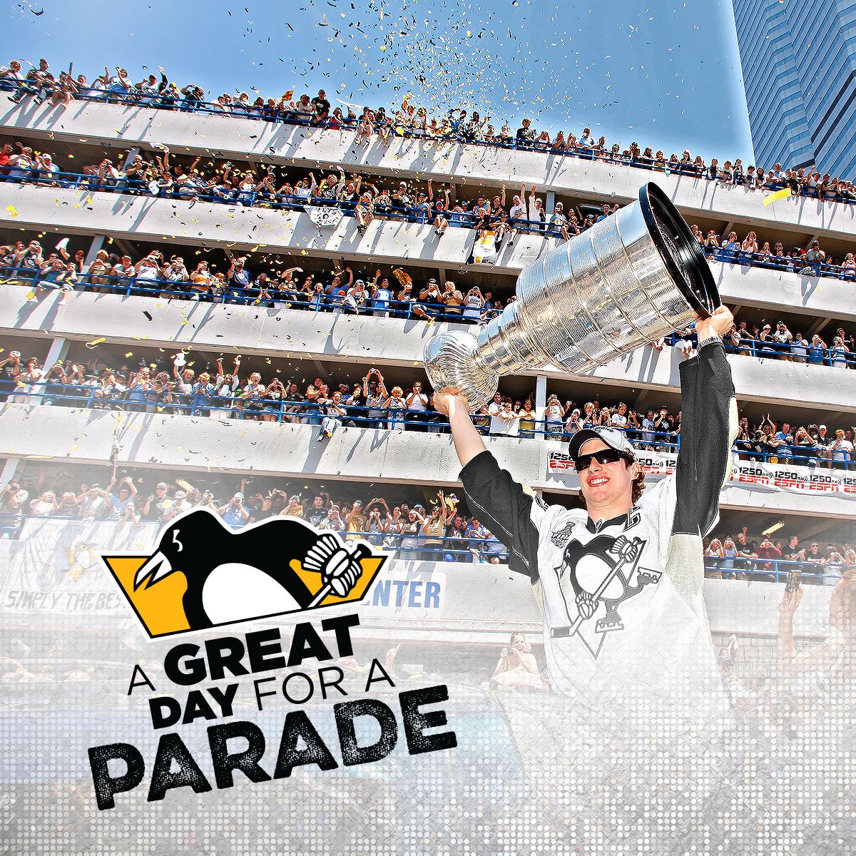penguins's tweet photo. It's a great day for a #StanleyCup parade! Join us or tune in on WPXI, https://t.co/9JumWj12Ck, or the Penguins app! https://t.co/wBmZCOYURp