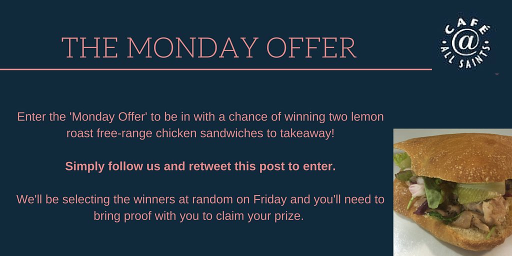 cafeatallsaints's tweet photo. Follow us &amp; share this post to enter our giveaway for two free lemon roast chicken sandwiches! #ASGiveaway #Hereford https://t.co/krCpoJHW5W