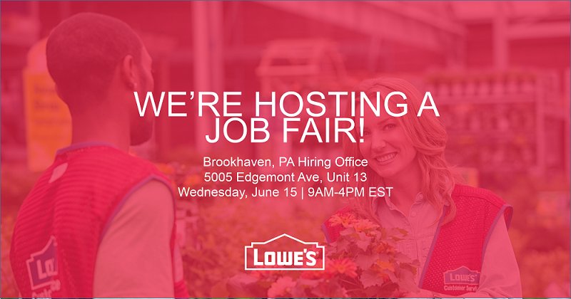 LowesCareers's tweet photo. Today's the day! Stop by our #JobFair in #Brookhaven, PA to learn about the #LowesLife. https://t.co/MnpBuKFp7c https://t.co/j88CuPZIoN