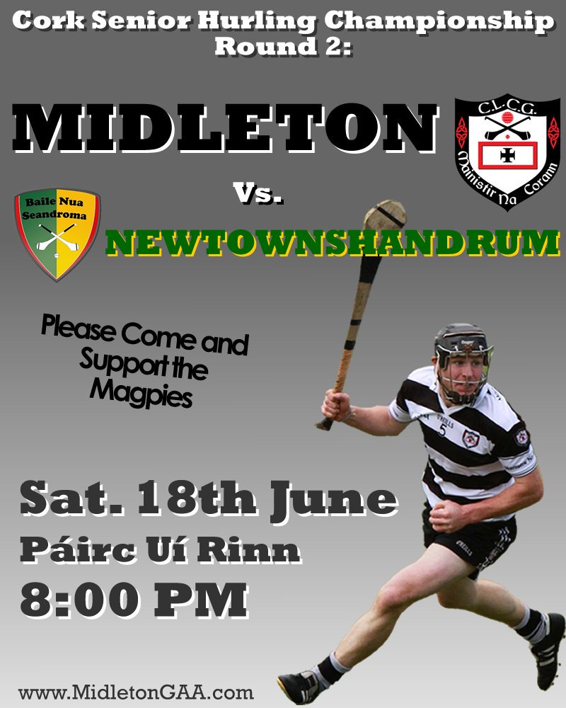 This Saturday we play <a href="/Newtownshandrum/">Newtownshandrum GAA</a> in the Cork Senior Hurling Championship in Paric Ui Rinn at 8PM