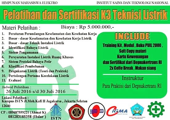 Kami HME S-1 
ISTN Jakarta Memfasilitasi kalian yang ingin mengikuti Pelatihan dan Sertifikasi K3 Teknisi Listrik