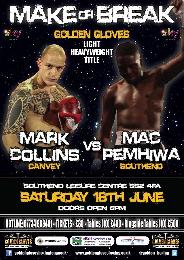 Golden Gloves Boxing League 18th June at the Southend Leisure Centre... Don't miss it! 
iboxingtickets.com