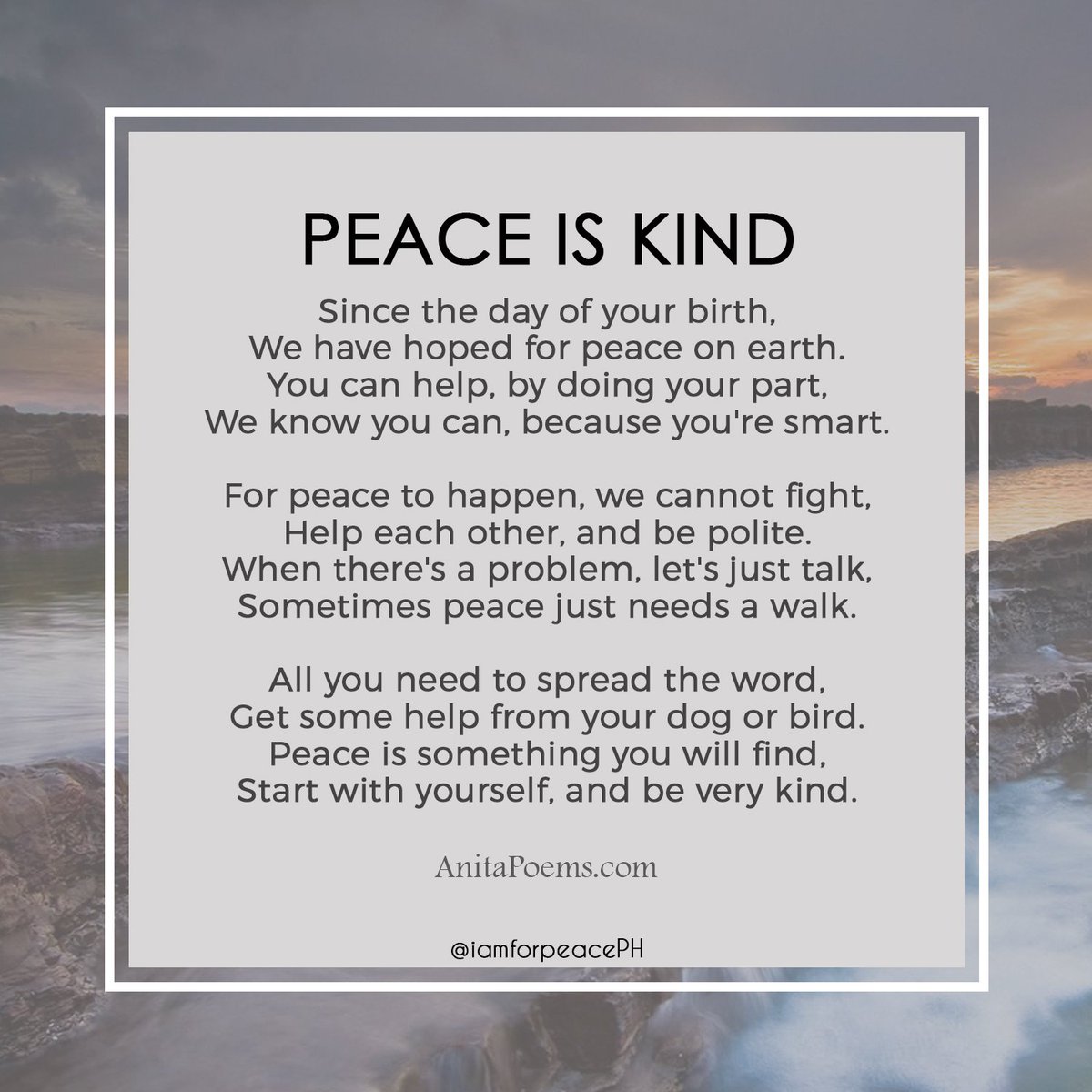 iamforpeacePH's tweet photo. Doing things of kindness contributes to Peace.
#PoemsofPeace https://t.co/iHu7etoh6U