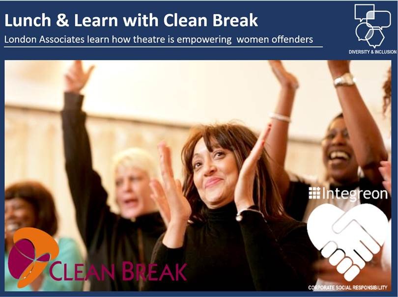 Integreon's tweet image. #CSR London Lunch &amp;amp; Learn with @CleanBrk - how theatre transforms lives of female offenders #IntegreonCares