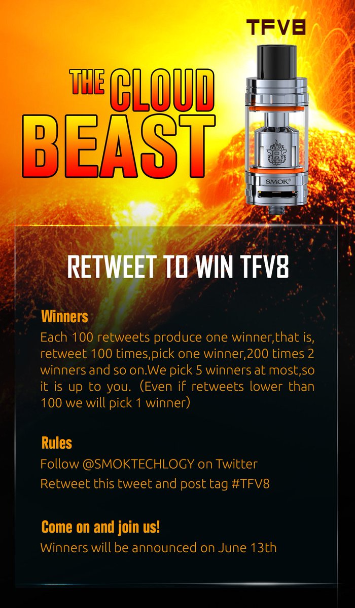 SMOKTECHLOGY's tweet photo. GIVEAWAY
Retweet to Win TFV8!Come on and join us!
Follow @SMOKTECHLOGY,Retweet TFV8 and post #TFV8 https://t.co/2N1ywPF7XD