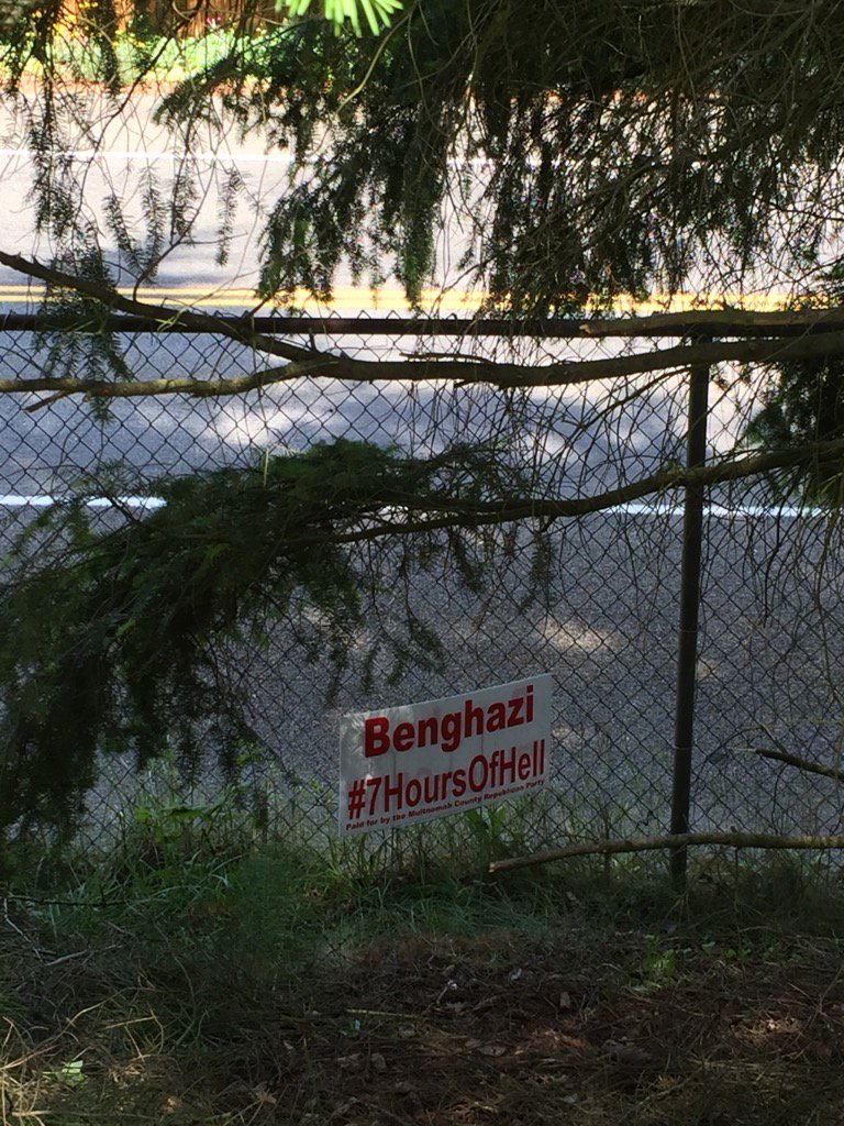 RKRoss1's tweet image. #Benghazi #7HoursOfHell sign rcvd from Multnomah County Republican Party out in yard since December after attack