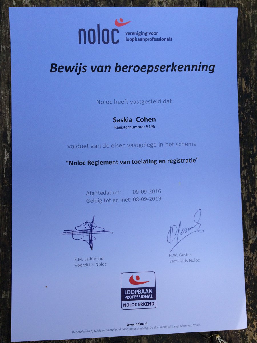 CohenSaskia's tweet photo. Mooi! Voor de komende drie jaar weer verzekerd van mijn #Beroepserkenning als @NolocLoopbaan #Loopbaanprofessional https://t.co/xFEmz72Q7V