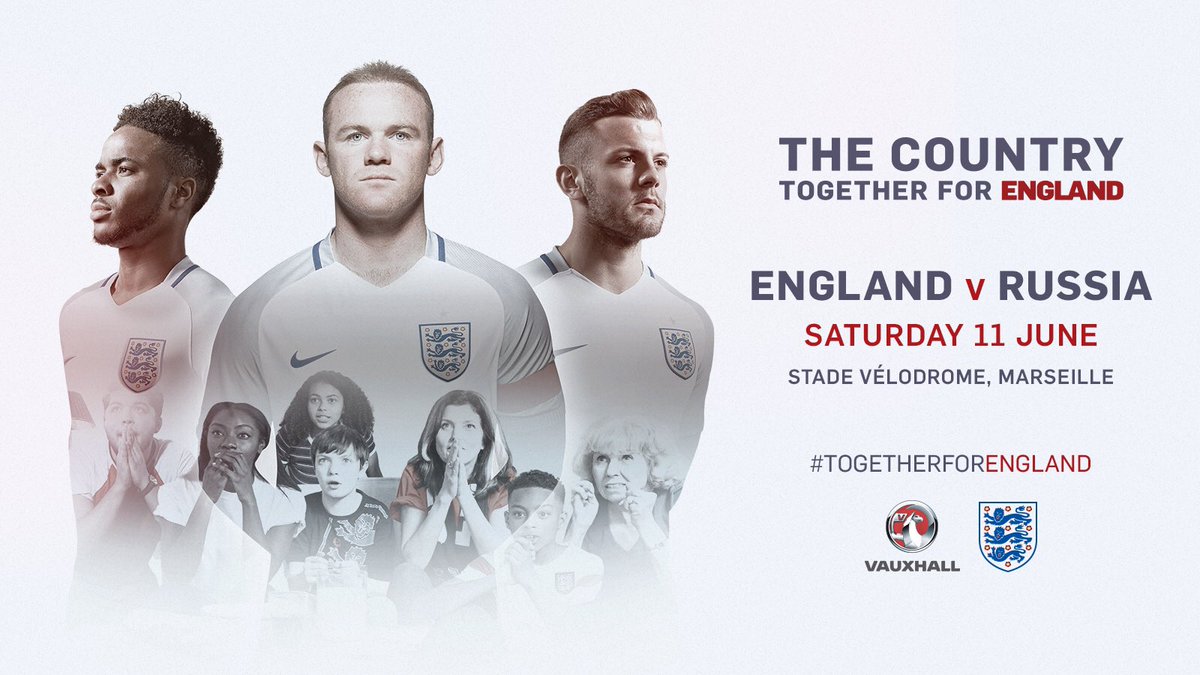 England's tweet image. ⚽️ #ENG v #RUS
🏆 #EURO2016 Group B
⏰ 8pm BST
📍 @levelodrome 
📺 @ITV 
📱 #ENGRUS