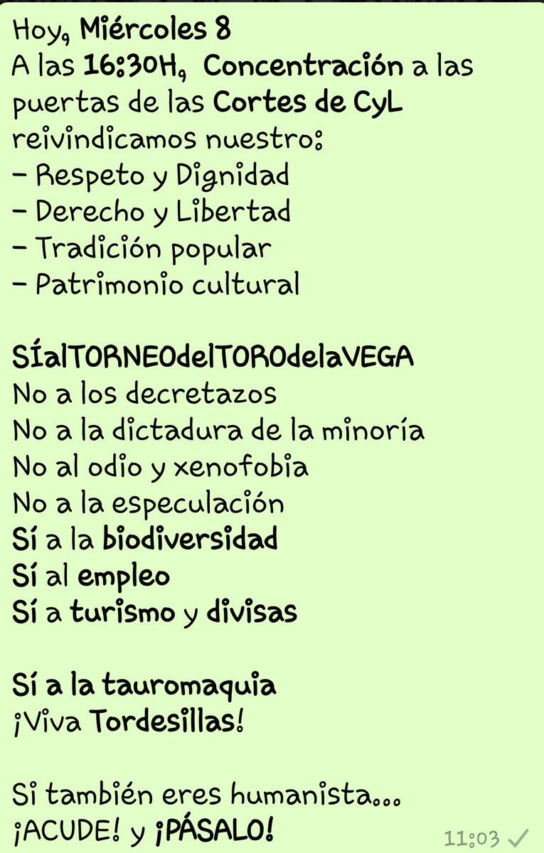 DaniPerrera's tweet photo. No faltes! RT y comparte.
#ElTorodelaVegaNoSeToca
#SiALosToros 
#Libertad
#ValladolidCiudadTaurina https://t.co/xmMKfdbjOy