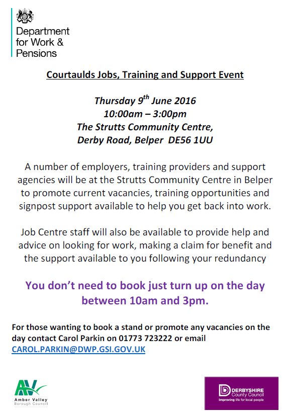 Courtaulds Jobs, Training and Support event comes to town, Thursday 9th June. Visit to find out more.  #Belper #Jobs