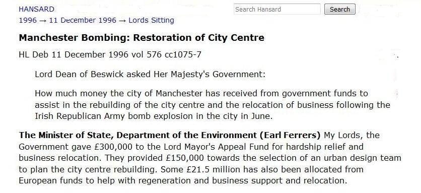 What does the EU do for us? To rebuild Manchester after the 1996 bomb, UK gov pledged £450k. The EU £21.5million!