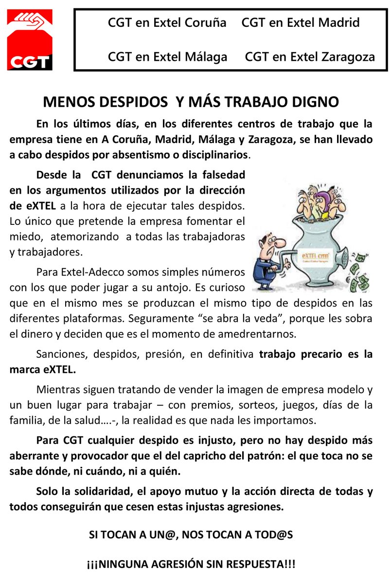 CGT Abai MáLaga (@cgtlince) on Twitter photo Primer comunicado estatal de CGT en Extel. <a href="/RojoyNegro_CGT/">Rojo y Negro</a> <a href="/cgttelem/">Sector Federal de Telemarketing de la CGT</a> #Telemarketing #CallCenter <a href="/TTyCC_CGTMalaga/">CGT TT y CC Málaga</a> Primer comunicado estatal de CGT en Extel. <a href="/RojoyNegro_CGT/">Rojo y Negro</a> <a href="/cgttelem/">Sector Federal de Telemarketing de la CGT</a> #Telemarketing #CallCenter <a href="/TTyCC_CGTMalaga/">CGT TT y CC Málaga</a>