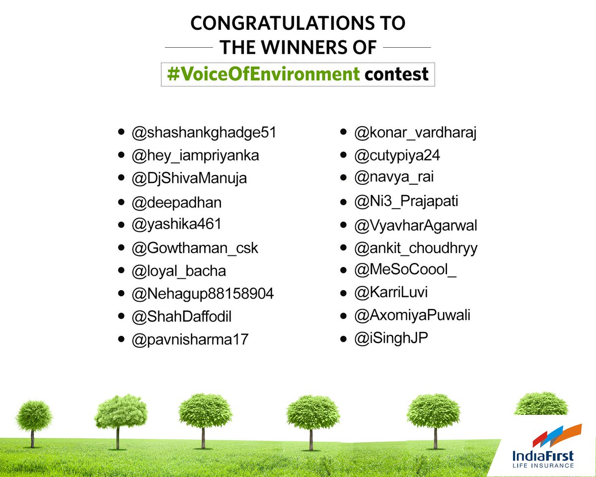 IndiaFirst_Life's tweet photo. Here are the winners of our #VoiceOfEnvironment contest! Do DM us your name, email address and contact number. https://t.co/QZWCyCvOeJ